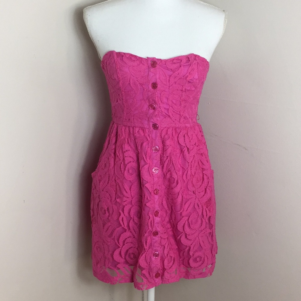Love Fire Strapless Lace Mini Dress Pink Buttons
